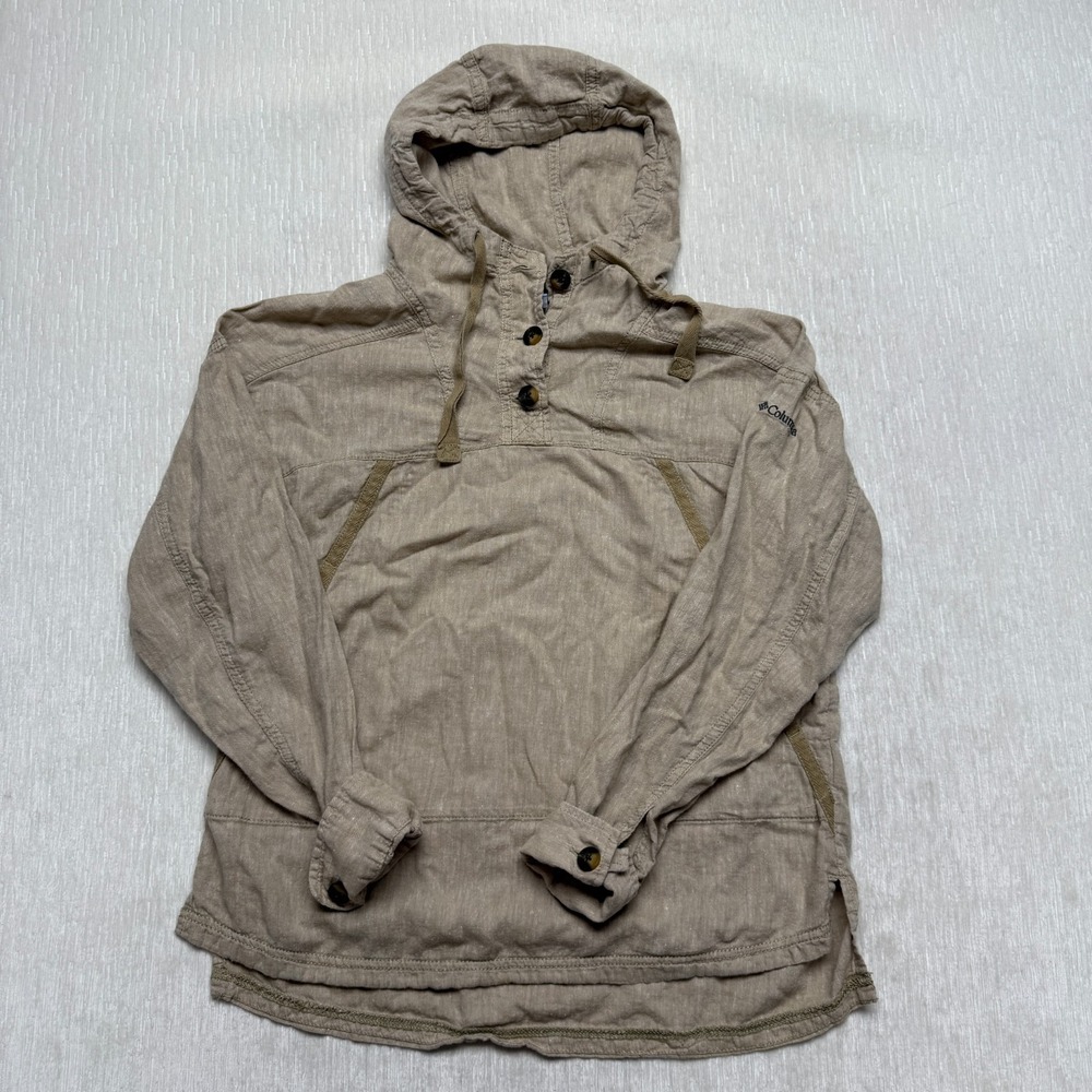 Columbia Hemp Henley Hoodie Womens Small Beige Cotton Outdoor Hiking Camp Trails